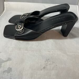 Merona Black Open Leather Block Heel Mules Slides  Sandals Sz 9